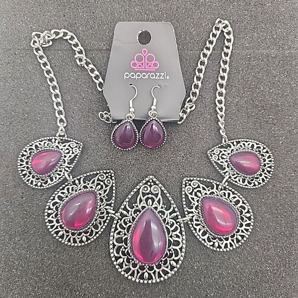 Jewelry Paparazzi Opal Auras Purple Red Gemstone Necklace Earrings Set NEW